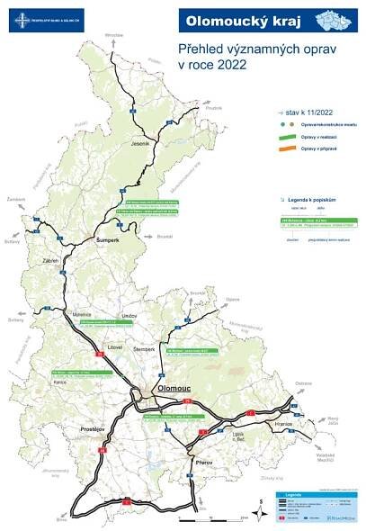Mapa významných oprav Správa Olomouc (listopad 2022) - Ředitelství silnic a dálnic s. p. pro Olomoucký kraj