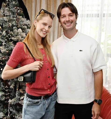 Abby Champion and Patrick Schwarzenegger attend Cleobella x Katherine Schwarzenegger event on November 04, 2023 in Pacific Palisades, California.