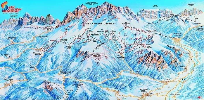 Lyžařská mapa sjezdovek areálu Ski Center Latemar