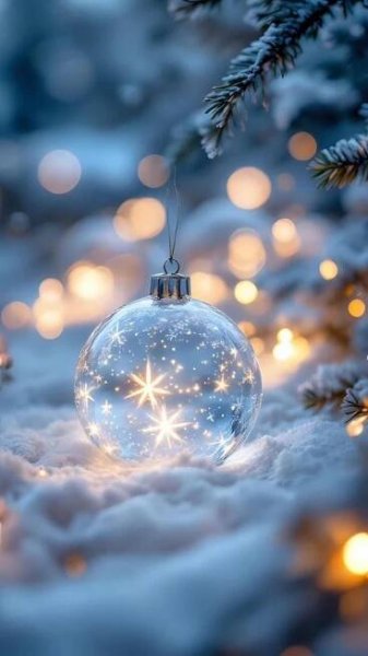 a christmas ornament hanging from a tree in the snow with lights behind it