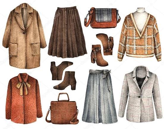 Scarica - Illustrazione di moda ad acquerello. set di accessori di tendenza. Primavera vintage. Cappotto, camicetta, borsa, stivali, gonna, giacca, maglione — Immagini Stock