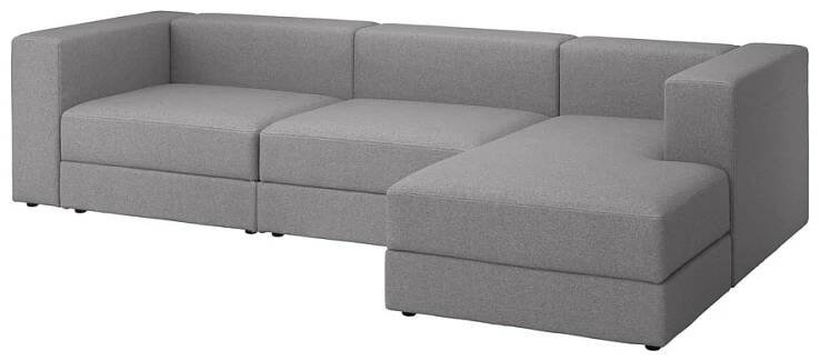 Šedá modulární pohovka JÄTTEBO s lenoškou, moderní design, měkká látka, šikmý roh.