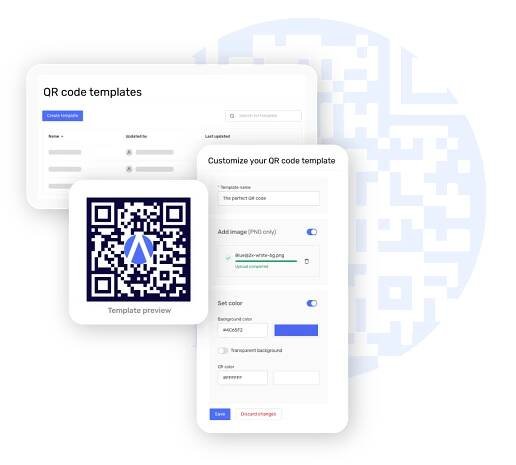•	A screenshot showing a user interface for the Accutics template building for creating and customizing QR codes. 