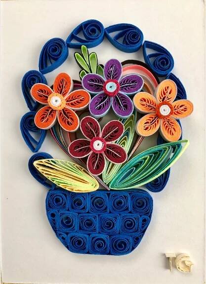 Paper Quilling Art Flower Basket For Nature Lovers - Beautify Your House - Unique - Size 5''x7'' (F1)