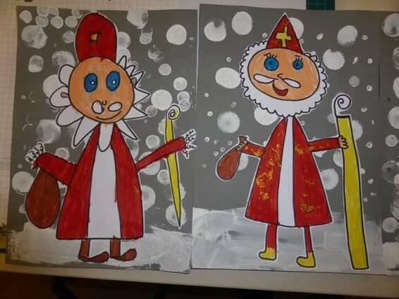 two children's drawings of santa and mrs claus