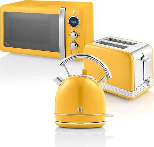 SWAN STRP2070YELNEW Retro snídaňový set, rychlovarná konvice 1,8 l, 2 topinkovače se širokými otvory, mikrovlnná trouba 20 l žlutá