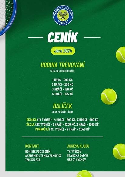 Ceník | Tenisová akademie Vyškov | Tenisový klub Vyškov 