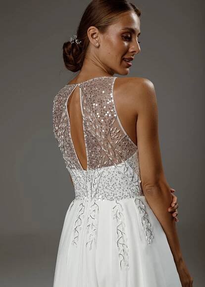 Patricia gown, 2020, couture, dress, bridal, off-white, chiffon, embroidery, A-line, discount, sale
