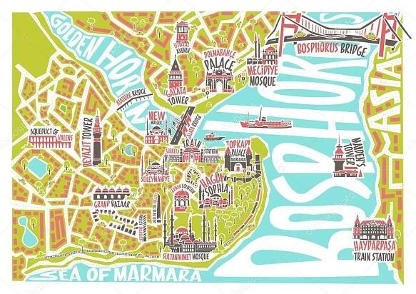 Vektorové ilustrace barevné mapy Istanbulu s slavných památek — Ilustrace