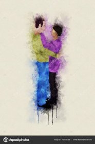 Download - Runny and Splashed Watercolor Illustration of a hugging couple — Stock Image