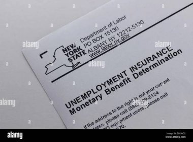 heading of a new york state department of labor paper statement of unemployment insurance monetary benefit determination on white background Stock Photo