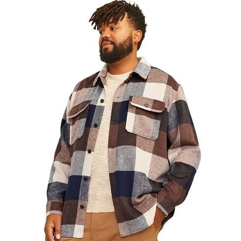 Velká pánská flanelová košile s dlouhým rukávem v kostce Jack & Jones 12263999 tmavě modro-hnědá
