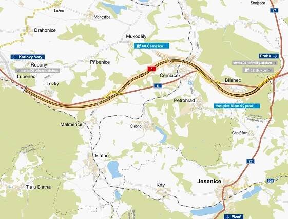 Mapa ukazuje, kudy povede dálnice kolem Černčic na Podbořansku.