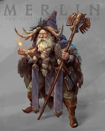 As merlin is also a druid, I decided to bring in more nature elements. The colors and owl represent wisdom, but his unkempt appearance also hints at loneliness.