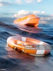 Záchranný kruh a člun v moři 3D render - Bez autorských poplatků Záchranný člun Stock fotka