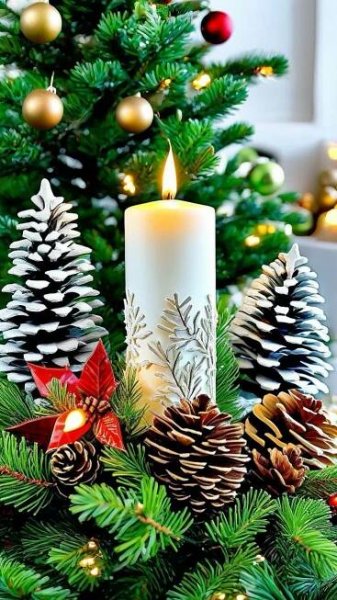 a lit candle sitting on top of a christmas tree next to pine cones and ornaments