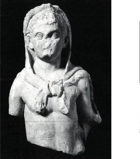 Fig. 4: Setteville, villa at Vignacce. The statue of child Hercules and the inscription attesting the private worship for him as the custos of the domus Galloniana (After Bassani 2017, 318-19, figs. 43.4, 33.2, 43.6).  A further and very interesting example of a probable sacellum comes from a villa in the Tivoli area, it Setteville (Vignacce, Lazio):!2 although there is no overall plan of the residence, portions of rooms and so decorative and worship statues have been repeatedly found, among which the one representing a child Jercules stands out. Found in a precise spot of the villa’s original garden, where it was perhaps displayed vithin a sacellum like the Tuscan example, the less-than-life-size statue appears as a work of valuable make, ttributable to workshops from the middle-Imperial age. The fact that it could have been a cult statue seems o be confirmed by the discovery of an important inscription fragment, re-used as a threshold piece in one of he late refurbishments of the villa (Fig. 4):!3 it states that Hercules was the custodian of the family, defined is domus in its sense of domestic unit, and the god was perceived as sospitalis, therefore as a real protector  yf the owners, the Galloni, whose procurator, a Sabinus, had dedicated the epigraph following the release rom a vow. 