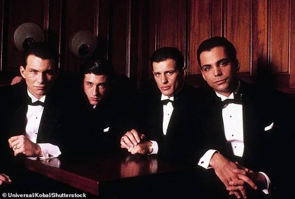 From left: Christian Slater, Patrick Dempsey, Costas Mandylor, Grieco in Mobsters in 1991