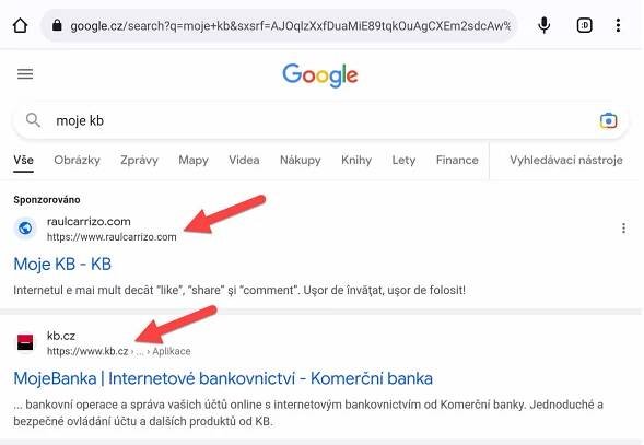 Výsledek vyhledávání na Google.com s podvodným odkazem Moje KB