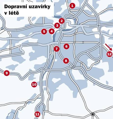 Praha: Dopravní uzavírky v létě (kliknutím zobrazíte přílohu v plné velikosti s popisky)