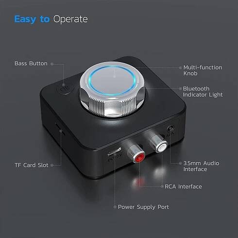 VAORLO Bluetooth 5.0 audio přijímač 3D stereo hudební bezdrátový adaptér TF karta RCA 3,5 mm 3,5 AUX konektor pro sadu do auta Kabelový reproduktor Sluchátka