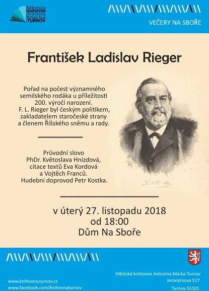 Večer Na Sboře – František Ladislav Rieger – Městská knihovna Antonína Marka Turnov