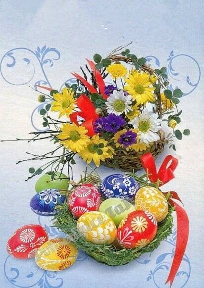 an easter card with colorful eggs and flowers