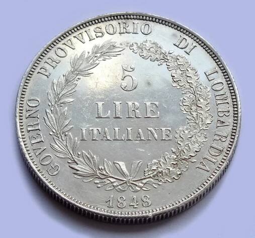 Italská revoluce, 5 lira 1848 M, Milano, originál, krásná a vzácná!