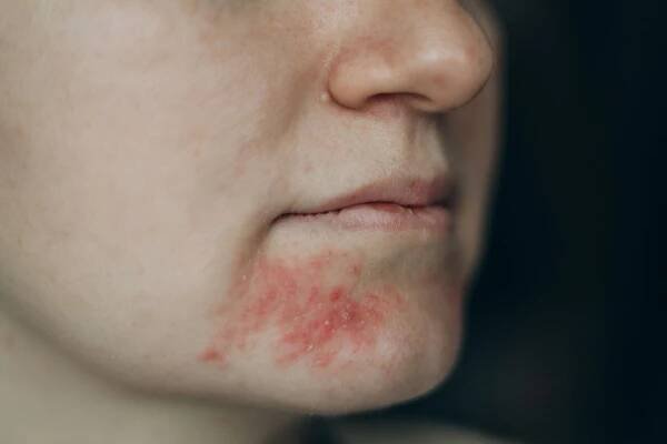 periorální dermatitida na ženské tváři. detailní dermatitida na kůži, nemocná alergická vyrážka, ekzém, kůže pacienta, příznak atopické dermatitidy, detail textury kůže. koncept dermatologie - seboroická dermatitida - stock snímky, obrázky a fotky