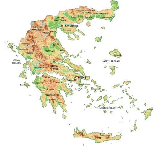 Velmi podrobná řecká fyzická mapa s označením. — Ilustrace