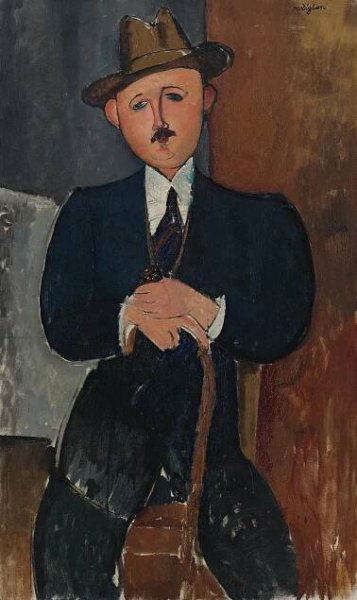 Sitzender Mann mit Stock