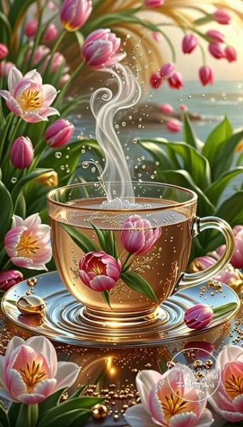 a painting of a cup of tea on a saucer with pink flowers in the background