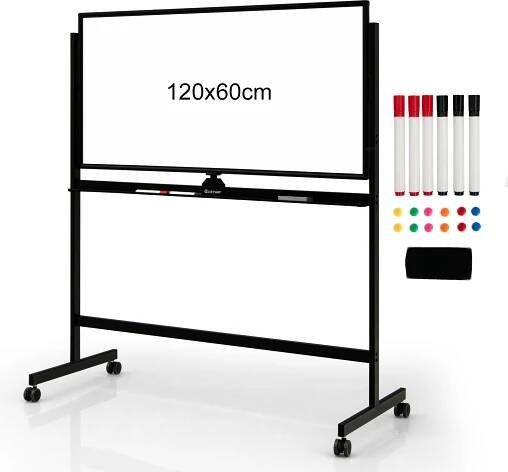 COSTWAY Mobilní tabule, 120 x 60 cm, oboustranná magnetická tabule se stojanem a kolečky, suché stírání, nastavitelná tabule včetně příslušenství pro domácnost, kancelář a školu (černá)
