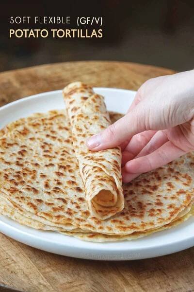 Potato tortillas used as vegan gluten free wraps. These gluten free potato tortillas are very thin, chewy and flexible: the softest vegan gluten free potato tortillas you can make at home! 