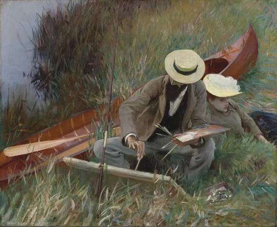 Painting of an artist and his wife sat by a canoe next to a river. The artist is sketching his wife, though both are looking away from each-other.