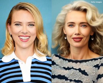 Scarlett Johansson in real life | An AI depiction of what Scarlett Johansson would look like in 20 years | Source: Getty Images | Midjourney