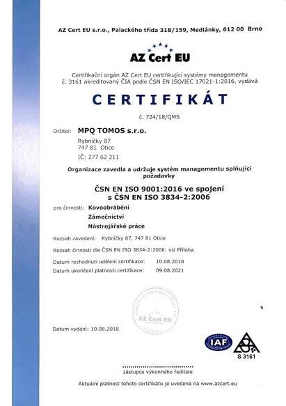 Certifikace | MPQ TOMOS s.r.o.