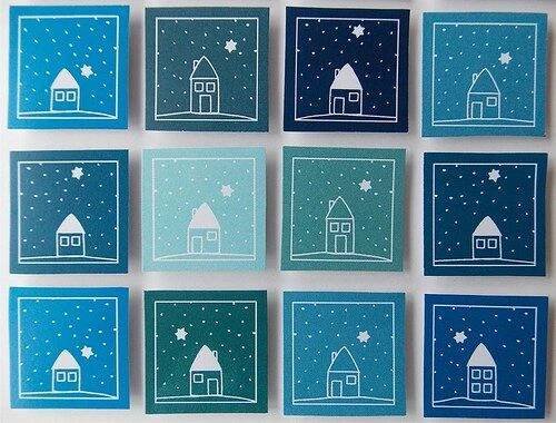 six blue and white christmas cards with small houses on them, all in different shapes