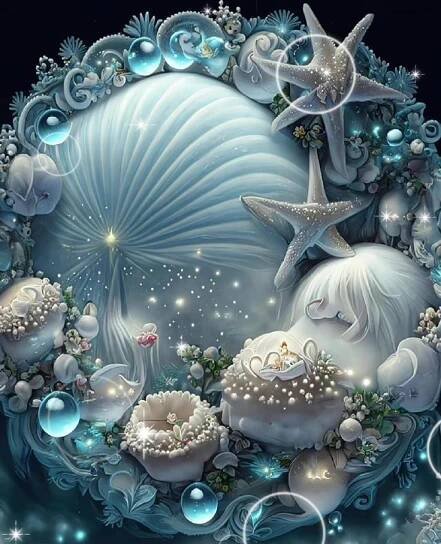 an artistic painting with stars and pearls on the ocean floor, surrounded by sea creatures