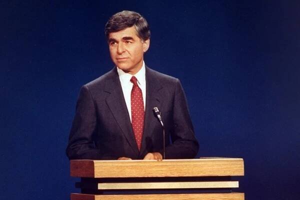 Pres. Cand. Michael Dukakis listening to unseen opponent George Bush during 2nd presidential debate.    (Photo by Steve Liss/Getty Images)