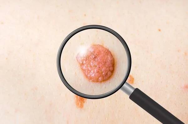 Dermatolog doktor zkoumá mateřské znaménko pacienta — Stock obrázek