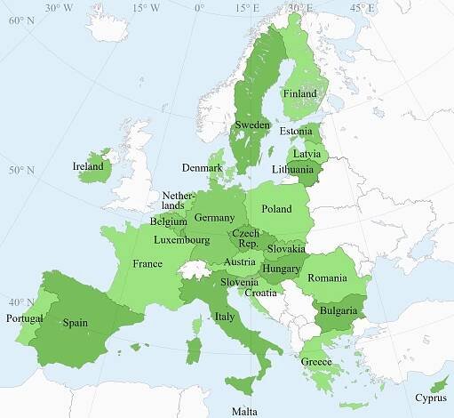 Státy EU 2025 Mapa Evropské unie (Členské státy)