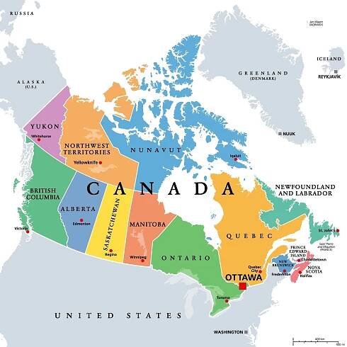 Canada administrative divisions colored political map ten provinces and three