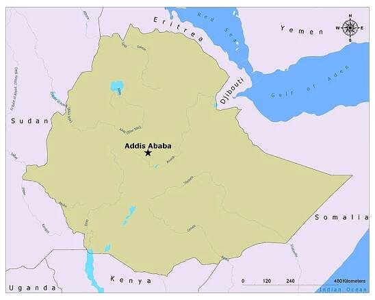 A color-coded map of Ethiopia, highlighting its borders and neighboring countries, with capital Addis Ababa starred.