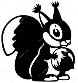 Stáhnout - Veverka drží matice, černé a bílé kreslený obrázek — Ilustrace