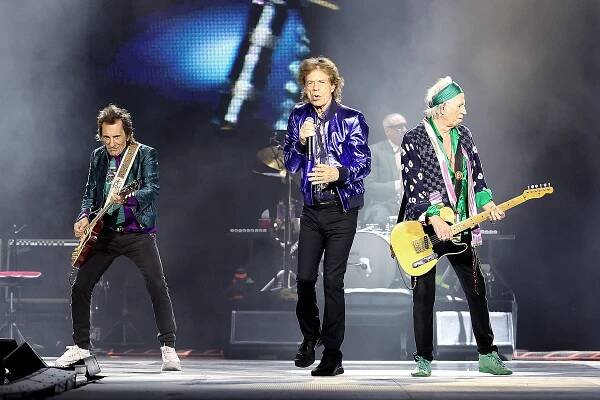 RIDGEDALE, MISSOURI - JULY 21: (L - R) Ronnie Wood, Mick Jagger and Keith Richards of The Rolling Stones perform during the final night of the Hackney Diamonds '24 Tour at Thunder Ridge Nature Arena on July 21, 2024 in Ridgedale, Missouri. (Photo by Gary Miller/Getty Images)