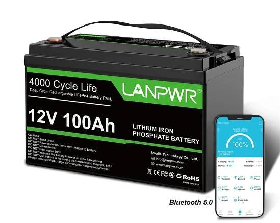 LANPWR 12V 100Ah LiFePO4-Lithium, nouzové napájení s funkcí Bluetooth, 1280Wh 4000+cyklů, 100A BMS, auto, lodě, solární, trolling motor off-grid