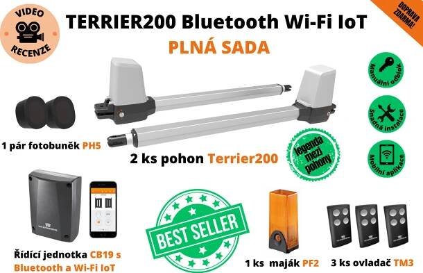 Terrier200 plná sada - Bluetooth Wi-Fi IoT pohon dvoukřídlé brány do 5 m průjezdu