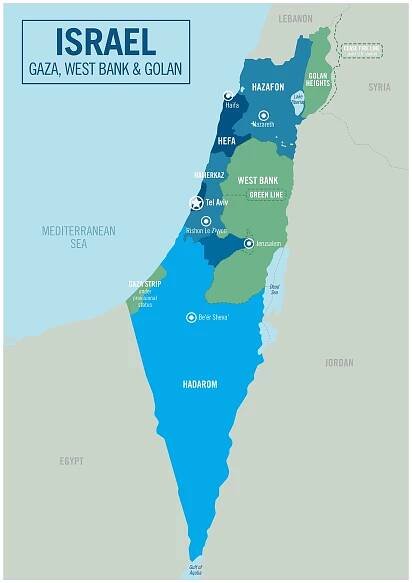 politická mapa izraele včetně golanských výšin, západního břehu jordánu a pásma gazy. podrobná vektorová ilustrace s izolovanými provinciemi, departementy, regiony, městy a státy, které lze snadno oddělit. - izrael stock ilustrace