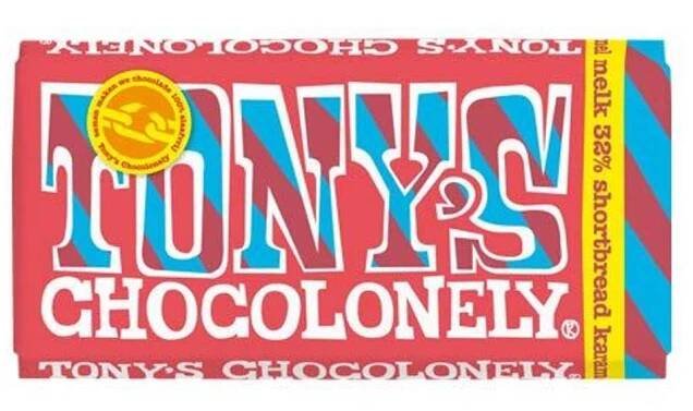 Tony’s Chocolonely – mléčná čokoláda, dortové sušenky a karamelové kousky, 180 gramů